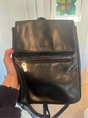 GUESS Black Leather Mini Backpack with Front Zip Pocket